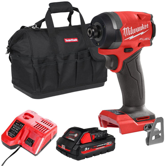 Milwaukee M18FID3-0 18V Fuel Brushless 1/4" Impact Driver with 1 x 3.0Ah Battery Charger & Bag